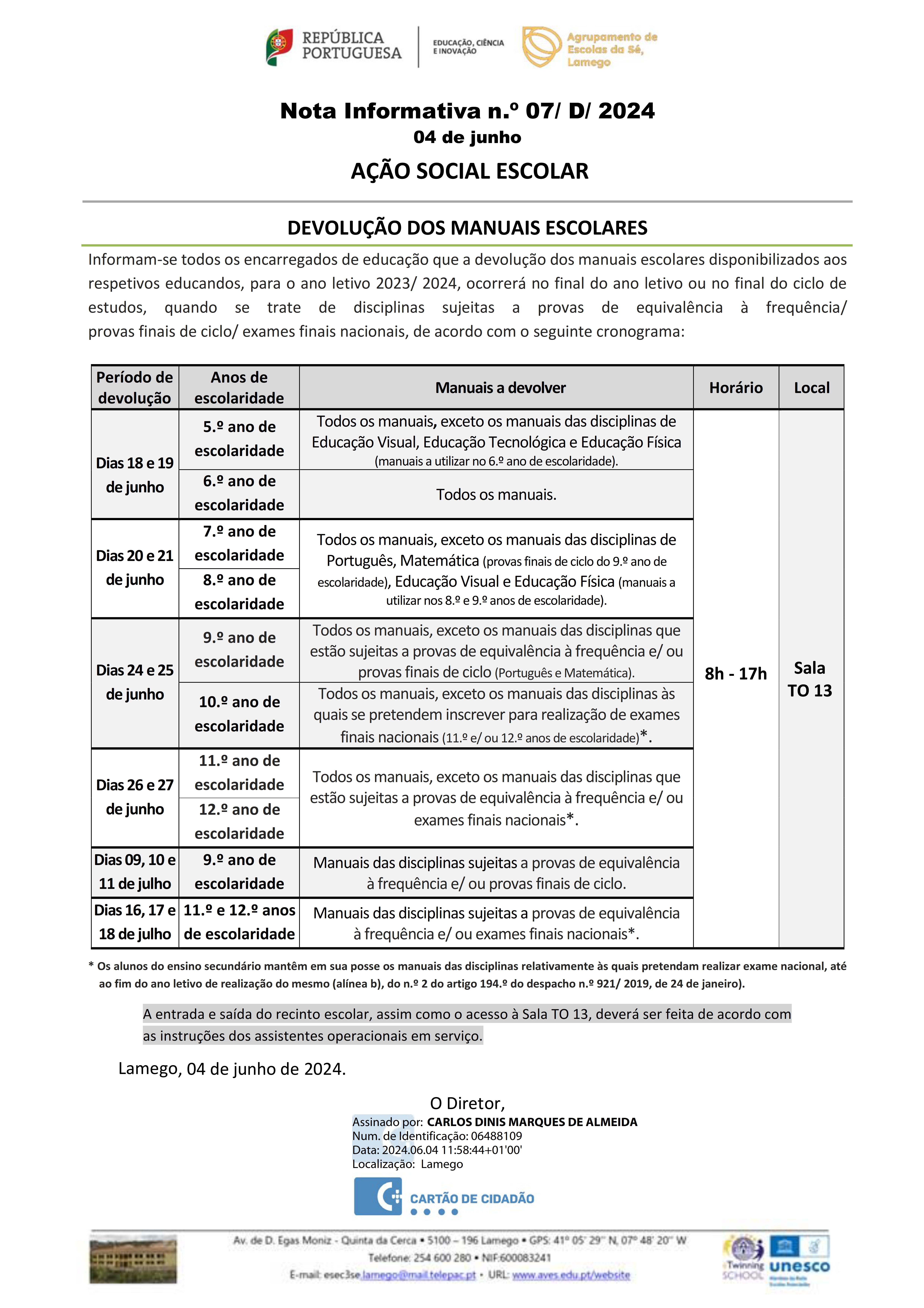 Nota Informativa n.º 07 2024 de 04 de junho Devolução de Manuais Escolares