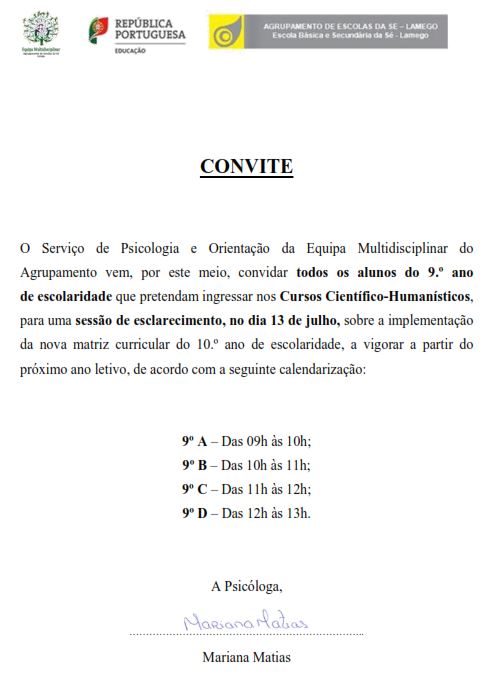 Convite ação esclarecimento 9 ano