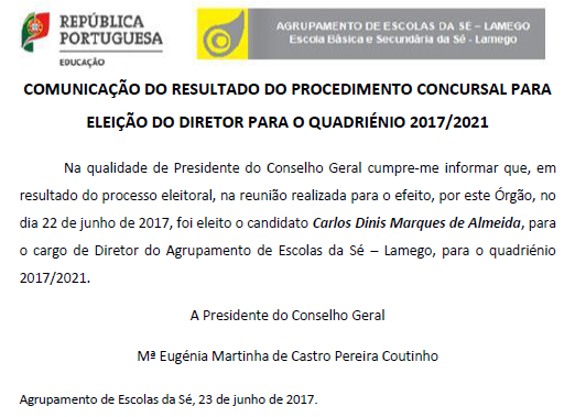 Comunicação do Resultado Procedimento Concursal Eleição Diretor 2017 2021