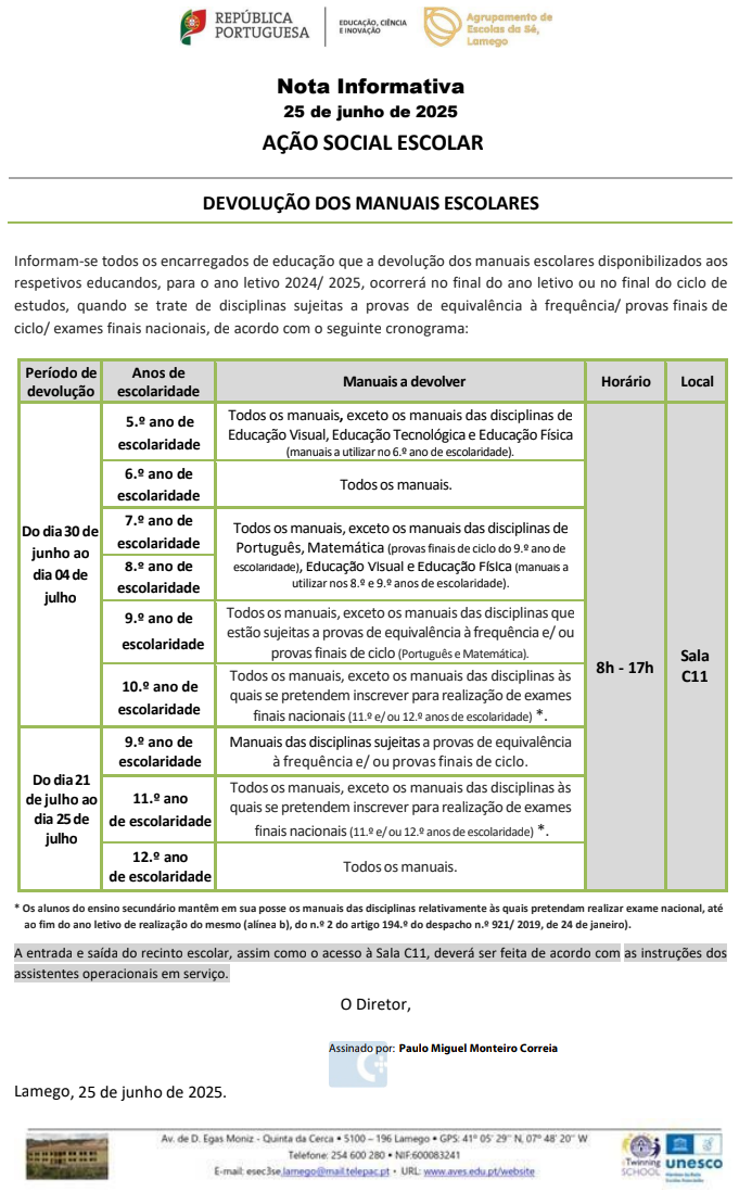 Nota Informativa 25 de junho - Devolução dos Manuais Escolares
